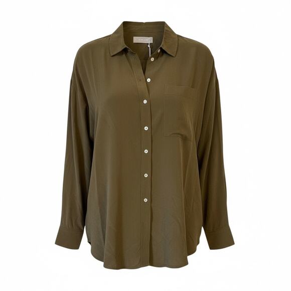 EVERLANE NWT Button Down 100% Silk Oversized Longsleeve Shirt Olive Green Size 0 - Picture 9 of 9
